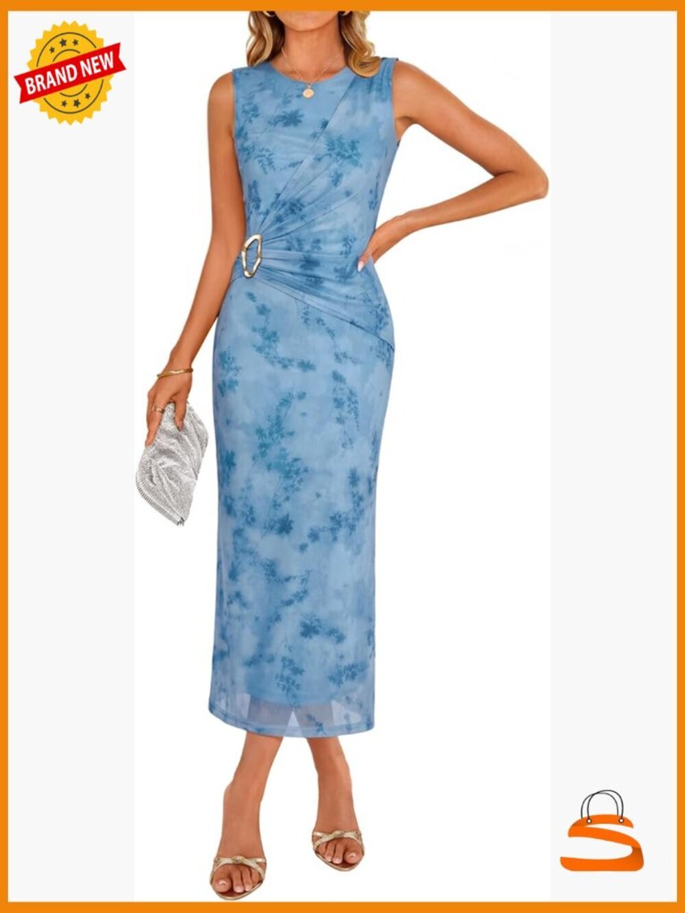 Sleeveless Floral Bodycon Midi Dress Ruched Mesh Wedding Guest Cocktail Party